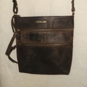 ESTALON Slim Brown Leather Crossbody Shoulder Bag Purse Zip Close